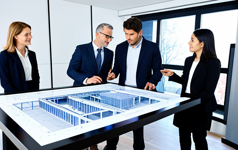 Collaborative Design Review**
"A diverse team of architects and engineers in a brightly lit, modern office, reviewing a large CAD model displayed on a touchscreen. Everyone is fully clothed in professional attire, pointing and discussing aspects of the design. The CAD model showcases a complex building structure. Safe for work, appropriate content, perfect anatomy, well-formed hands, proper finger count, natural proportions, professional, modest, family-friendly."
**