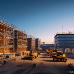 건설 현장에서의 공정관리 기술 적용 사례 - **Prompt:** A bustling, high-tech construction site at dusk, showcasing the integration of smart tec...