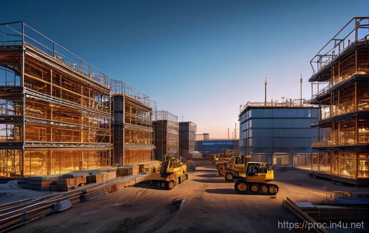 건설 현장에서의 공정관리 기술 적용 사례 - **Prompt:** A bustling, high-tech construction site at dusk, showcasing the integration of smart tec...