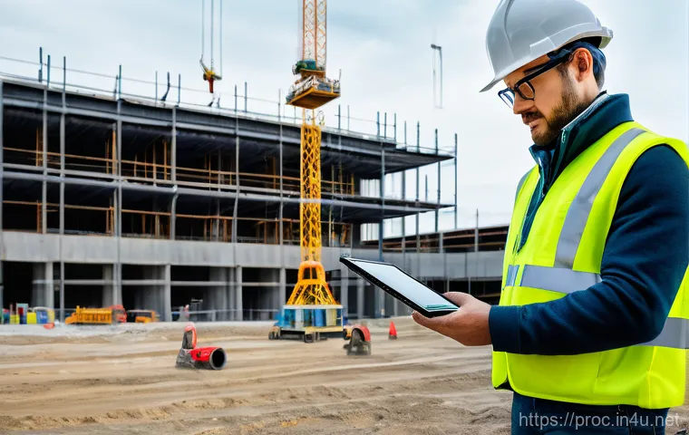건설 현장에서의 공정관리 기술 적용 사례 - **Prompt:** A bustling, high-tech construction site at dusk, showcasing the integration of smart tec...