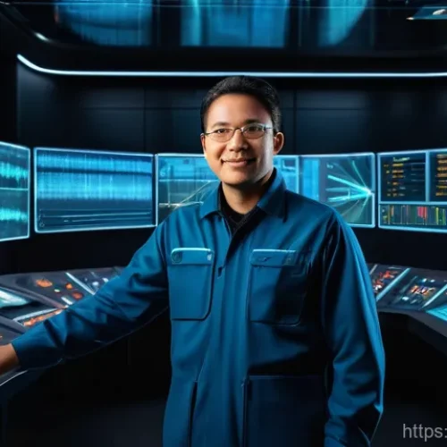 Home 5 공정관리 기술자 채용 트렌드 및 요구사항 - A diverse process control engineer, appearing as an orchestra conductor, stands confidently in a fut...